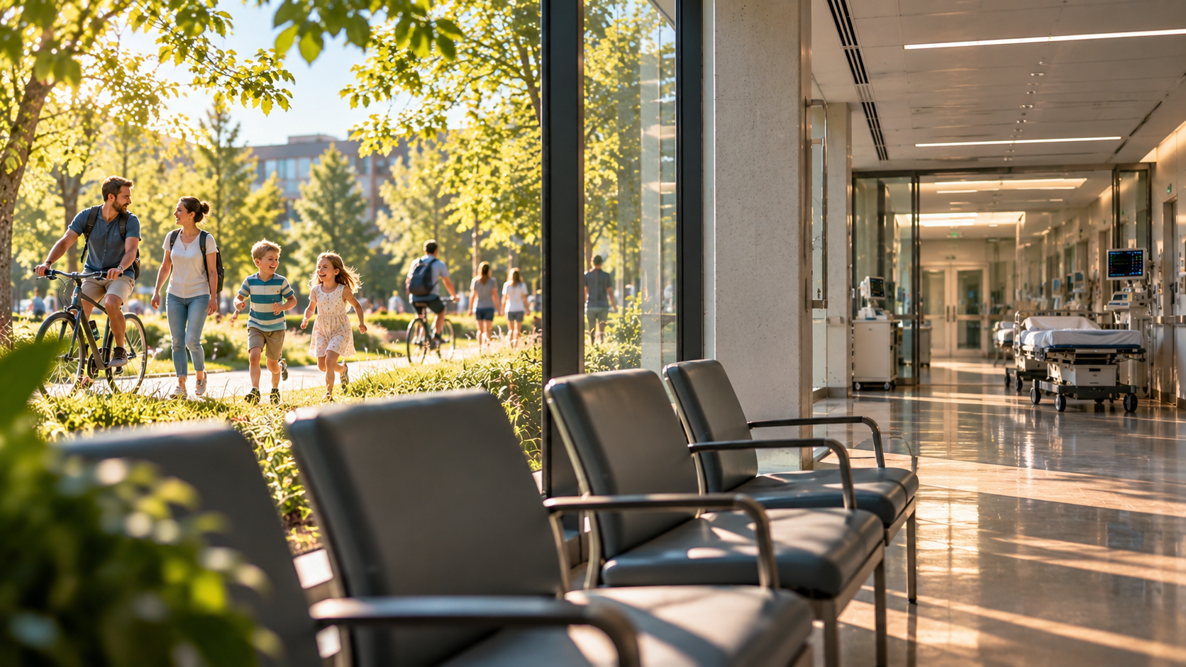 Leerer Krankenhaus-Wartebereich hinter einer Glasfront, während draußen Menschen gesund und aktiv ihren Alltag leben